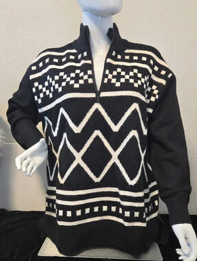 Lou & Grey Geometric Half Zip Sweater Black Cream Large